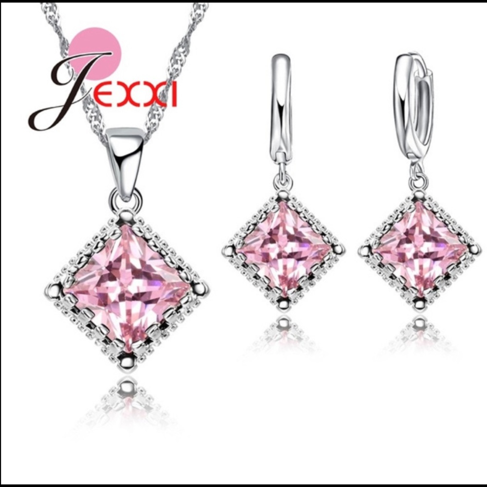 925 Sterling Silver Rhombus Cut Necklace Earrings Jewelry Set